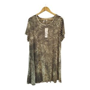 Vasna Women Sz 1X Plus T-shirt Dress‎ Olive White Striped Lightweight Flare New